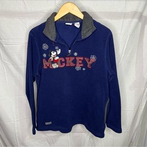 Vtg 90s Disney Mickey Mouse Navy Fleece Pullover Embroidered Snowflake